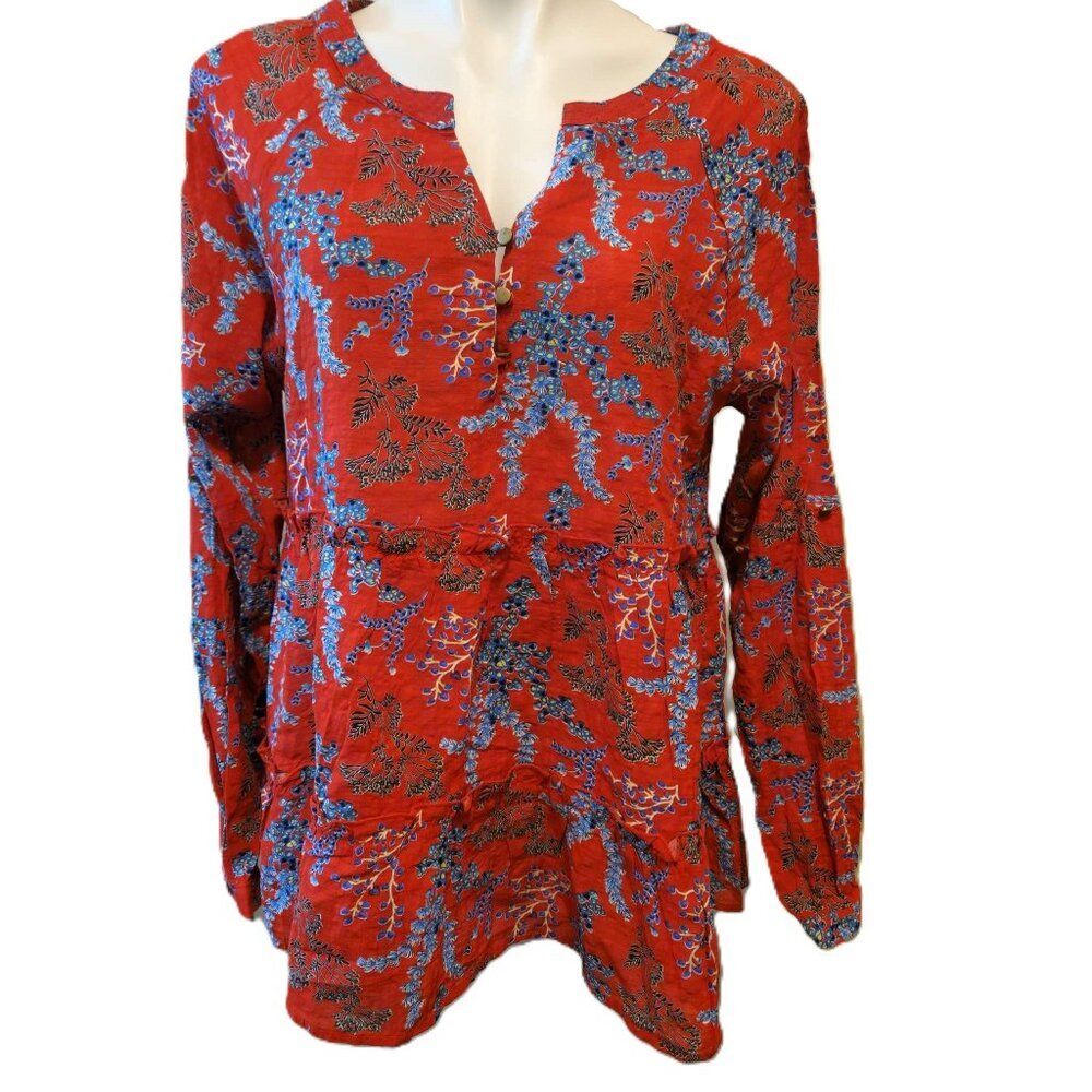 Kori America top Women's medium Red floral boho Long & adjustable sleeves bright